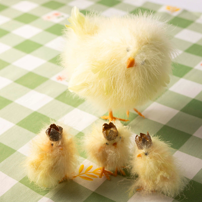 Small Yellow Fluffy Chicks with Gold Crowns - Set of Three