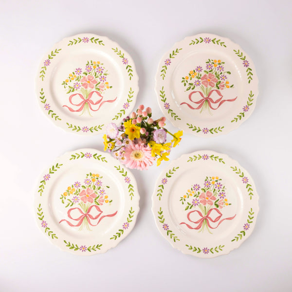 Hand-painted Scalloped Edger Floral Posy Dinner Plates - Set of Four