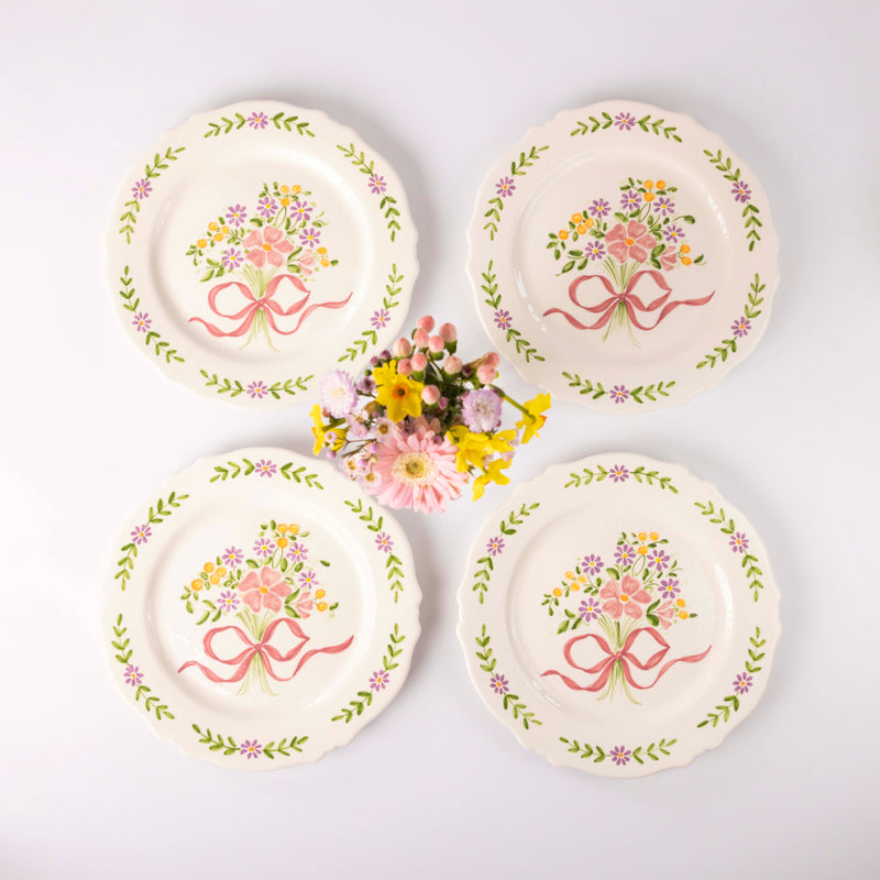 Hand-painted Scalloped Edger Floral Posy Dinner Plates - Set of Four